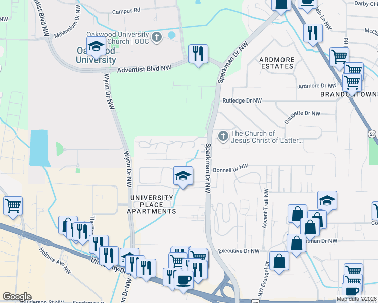 map of restaurants, bars, coffee shops, grocery stores, and more near 4933 7 Pine Circle in Huntsville
