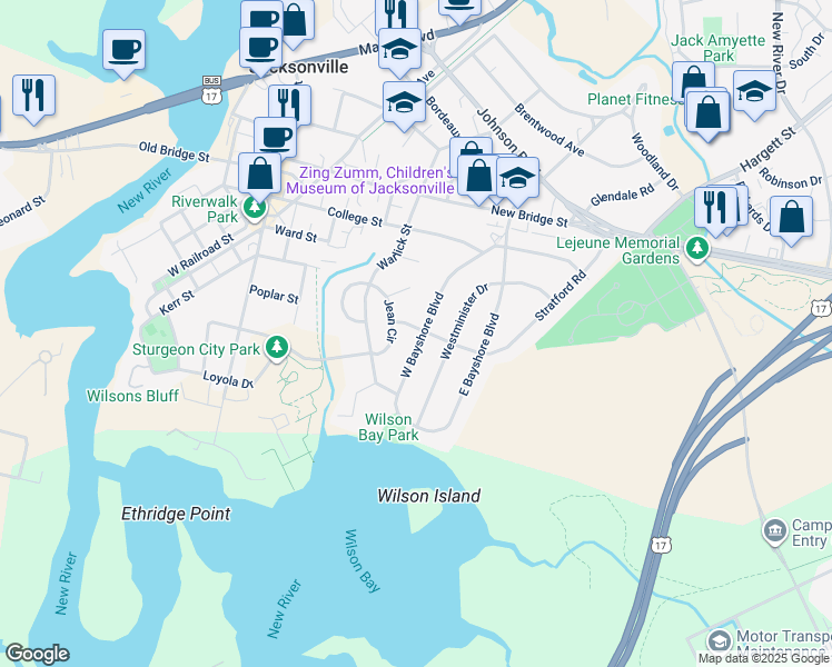 map of restaurants, bars, coffee shops, grocery stores, and more near 33 West Bayshore Boulevard in Jacksonville