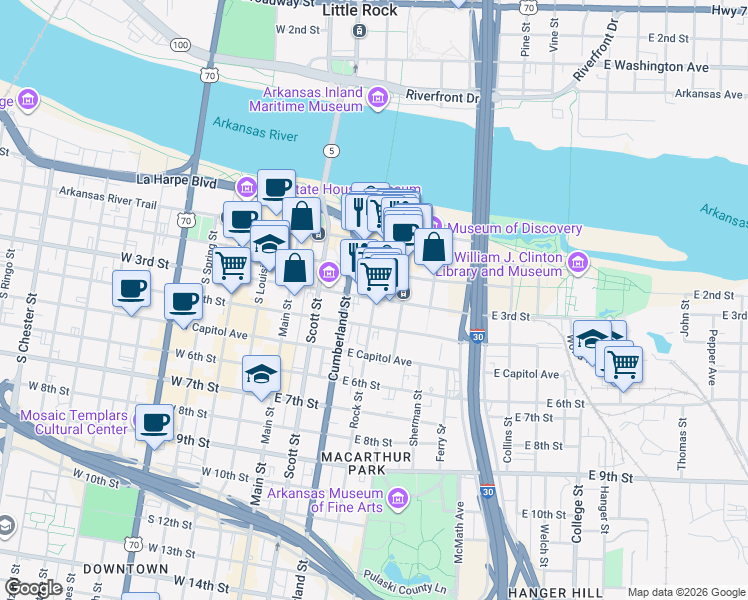 map of restaurants, bars, coffee shops, grocery stores, and more near 315 Rock Street in Little Rock