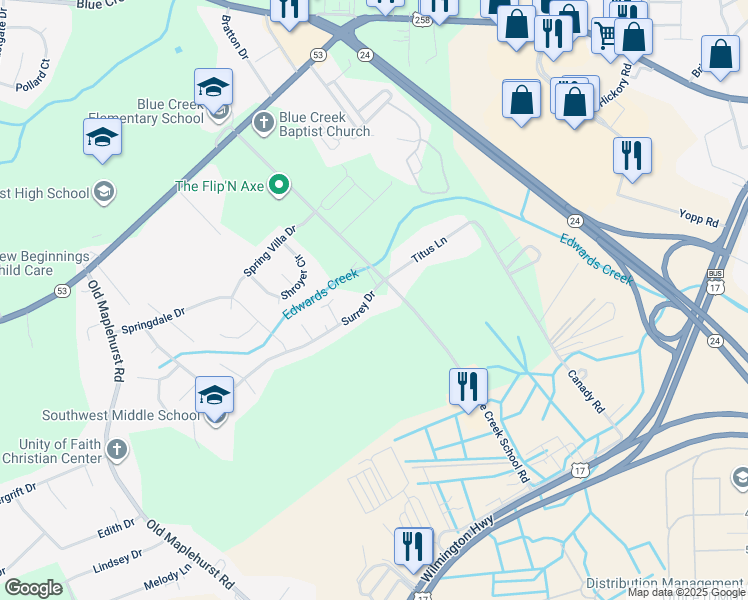map of restaurants, bars, coffee shops, grocery stores, and more near 101 Surrey Drive in Jacksonville