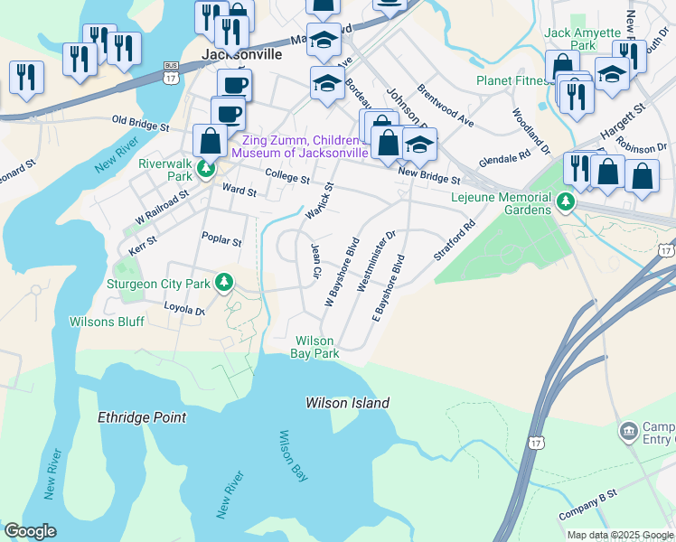 map of restaurants, bars, coffee shops, grocery stores, and more near 33 West Bayshore Boulevard in Jacksonville