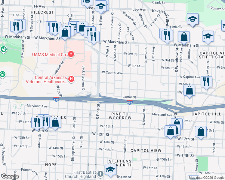 map of restaurants, bars, coffee shops, grocery stores, and more near 618 South Maple Street in Little Rock