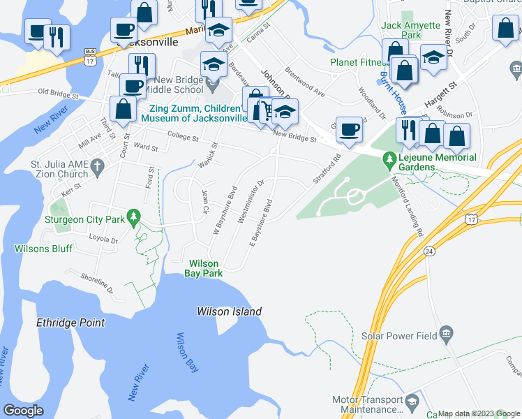 map of restaurants, bars, coffee shops, grocery stores, and more near 105 Bayshore Boulevard East in Jacksonville