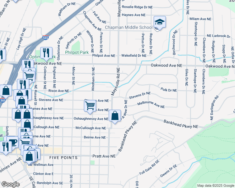map of restaurants, bars, coffee shops, grocery stores, and more near 904 Stevens Court Northeast in Huntsville