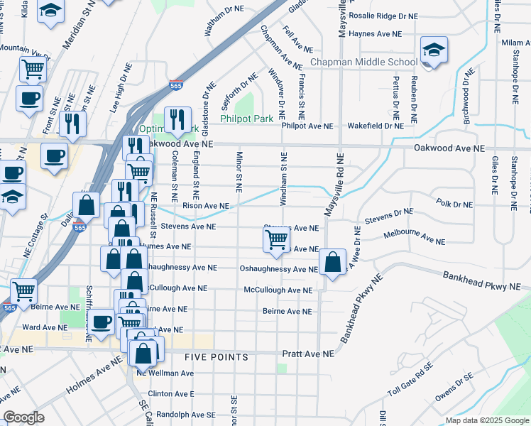map of restaurants, bars, coffee shops, grocery stores, and more near 1425 Rison Avenue Northeast in Huntsville