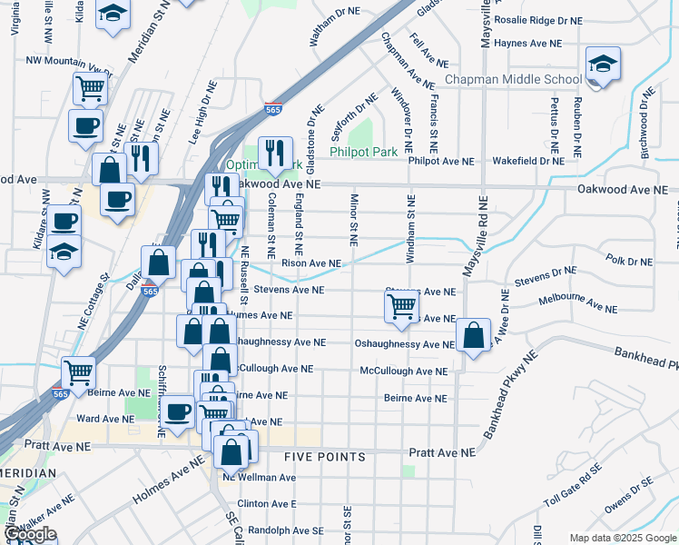 map of restaurants, bars, coffee shops, grocery stores, and more near 1213 Rison Avenue Northeast in Huntsville