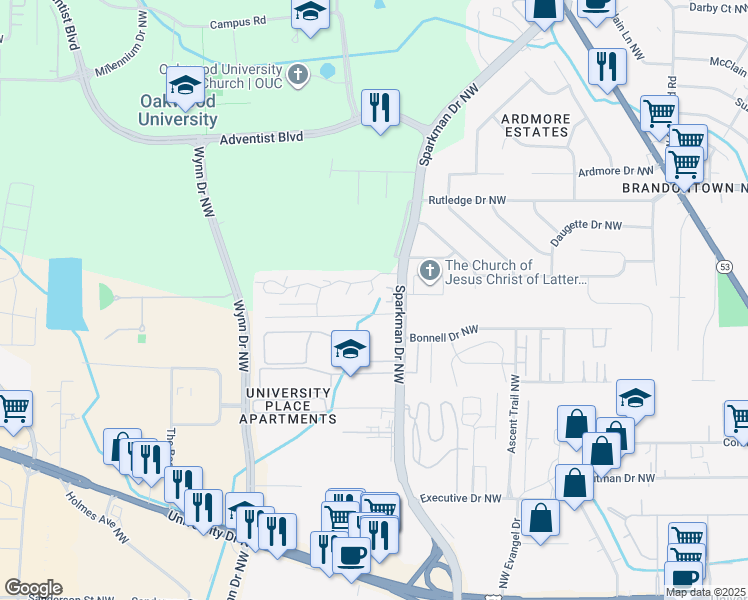 map of restaurants, bars, coffee shops, grocery stores, and more near 4933 7 Pine Circle in Huntsville
