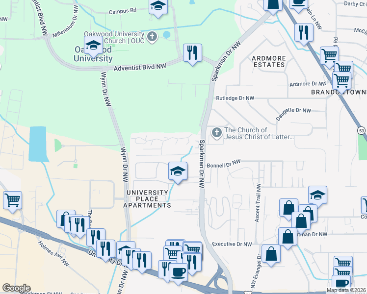 map of restaurants, bars, coffee shops, grocery stores, and more near 4933 7 Pine Circle in Huntsville