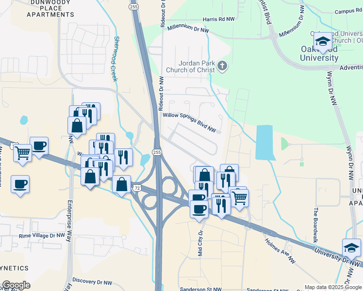 map of restaurants, bars, coffee shops, grocery stores, and more near 1080 Old Monrovia Road Northwest in Huntsville