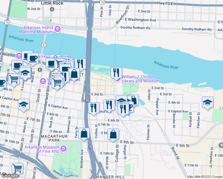 map of restaurants, bars, coffee shops, grocery stores, and more near in Little Rock
