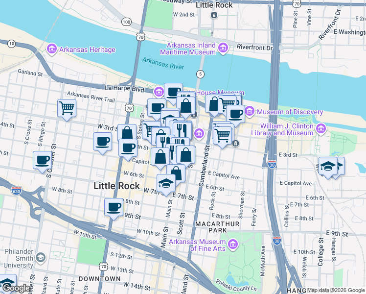 map of restaurants, bars, coffee shops, grocery stores, and more near 300 Main Street in Little Rock