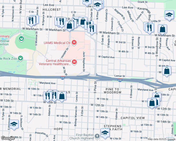 map of restaurants, bars, coffee shops, grocery stores, and more near 611 South Cedar Street in Little Rock