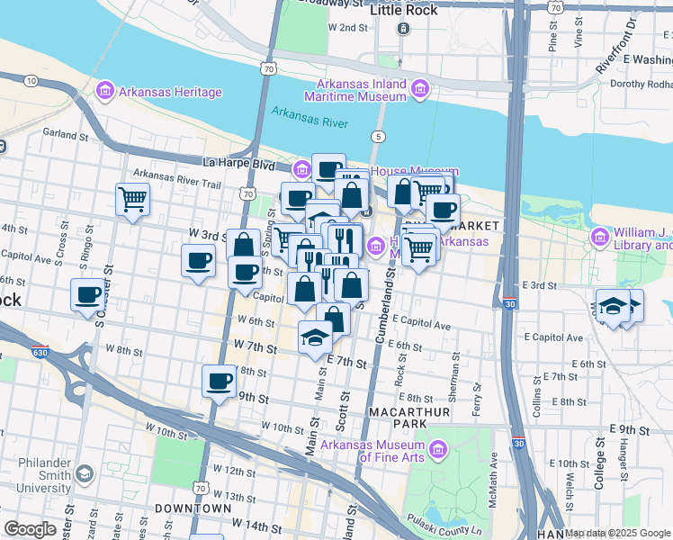 map of restaurants, bars, coffee shops, grocery stores, and more near 310 Main Street in Little Rock