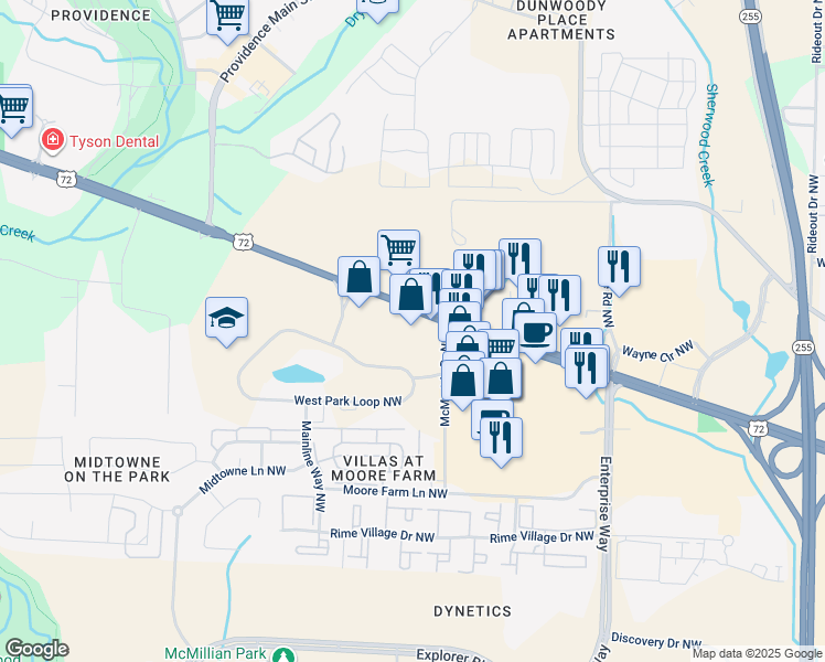 map of restaurants, bars, coffee shops, grocery stores, and more near 6407 University Drive Northwest in Huntsville