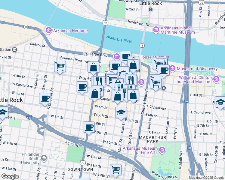 map of restaurants, bars, coffee shops, grocery stores, and more near 323 Center Street in Little Rock