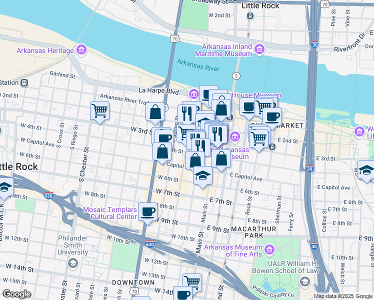 map of restaurants, bars, coffee shops, grocery stores, and more near 323 Center Street in Little Rock