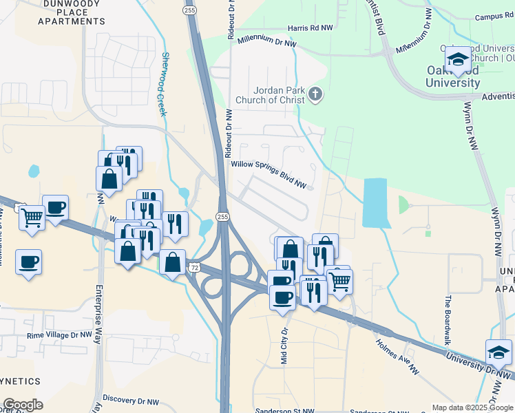 map of restaurants, bars, coffee shops, grocery stores, and more near 1080 Old Monrovia Road Northwest in Huntsville