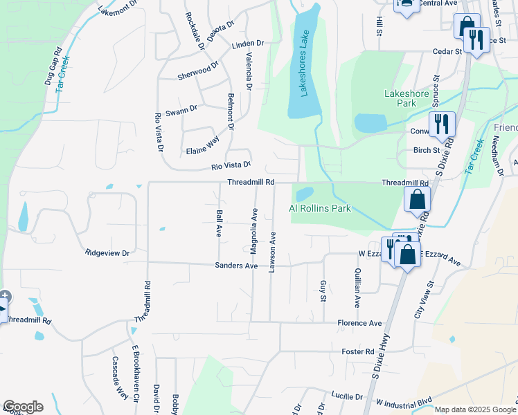 map of restaurants, bars, coffee shops, grocery stores, and more near 1703 Magnolia Avenue in Dalton