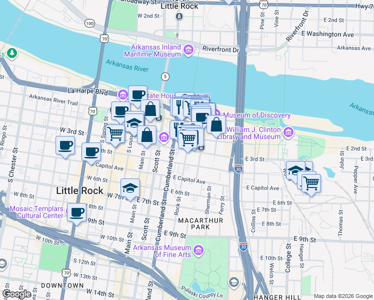 map of restaurants, bars, coffee shops, grocery stores, and more near 315 Rock Street in Little Rock