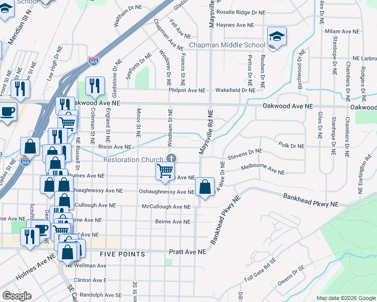 map of restaurants, bars, coffee shops, grocery stores, and more near 1529 Rison Avenue Northeast in Huntsville