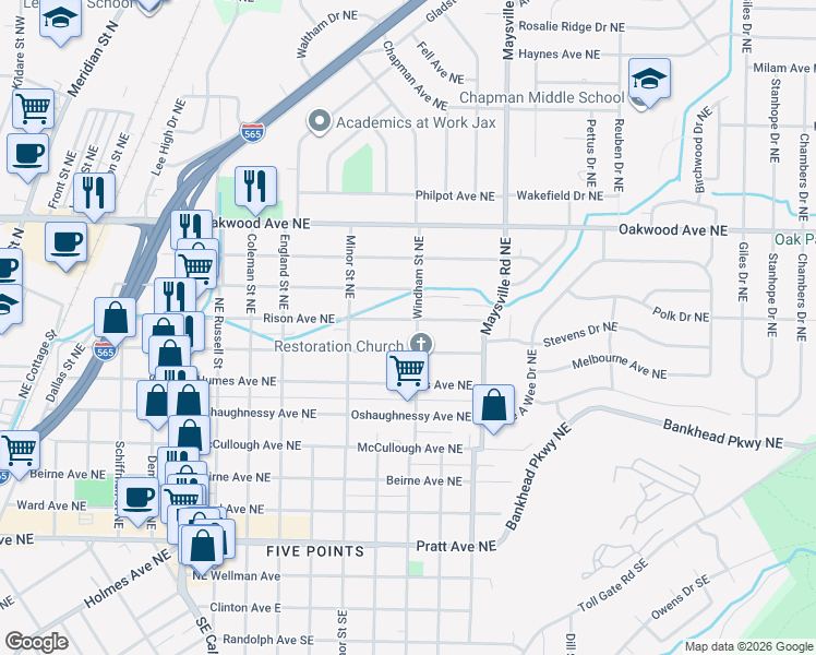 map of restaurants, bars, coffee shops, grocery stores, and more near 1425 Rison Avenue Northeast in Huntsville
