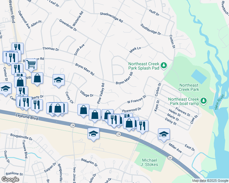 map of restaurants, bars, coffee shops, grocery stores, and more near 115 Twinwood Court in Jacksonville