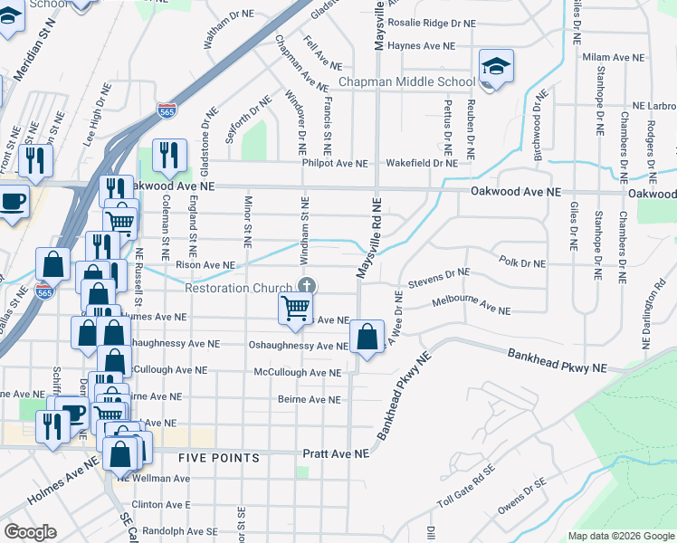 map of restaurants, bars, coffee shops, grocery stores, and more near 1529 Rison Avenue Northeast in Huntsville