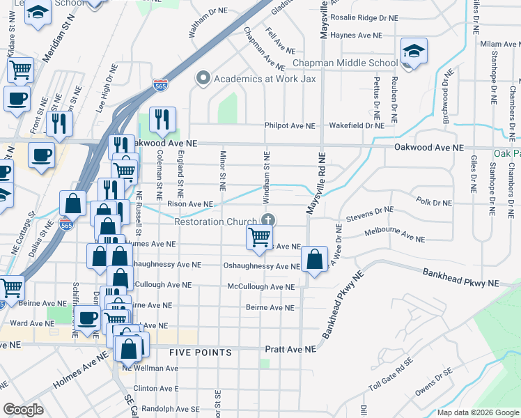 map of restaurants, bars, coffee shops, grocery stores, and more near 1425 Rison Avenue Northeast in Huntsville