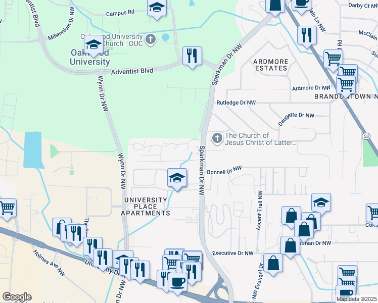 map of restaurants, bars, coffee shops, grocery stores, and more near 4933 7 Pine Circle in Huntsville