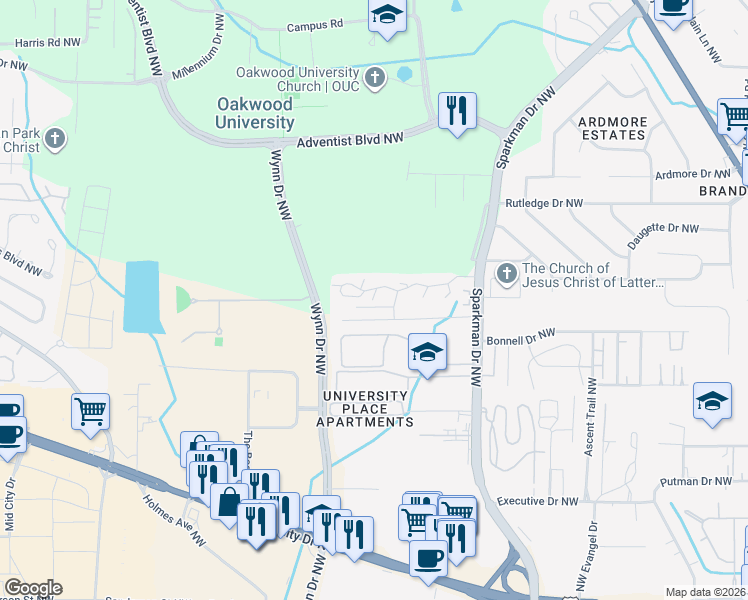 map of restaurants, bars, coffee shops, grocery stores, and more near 5047 7 Pine Circle in Huntsville