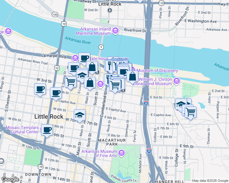 map of restaurants, bars, coffee shops, grocery stores, and more near 315 Rock Street in Little Rock