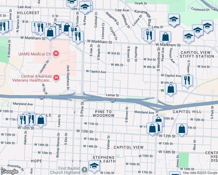 map of restaurants, bars, coffee shops, grocery stores, and more near 3518 West 7th Street in Little Rock