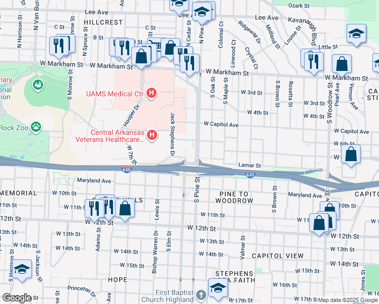 map of restaurants, bars, coffee shops, grocery stores, and more near 611 South Cedar Street in Little Rock
