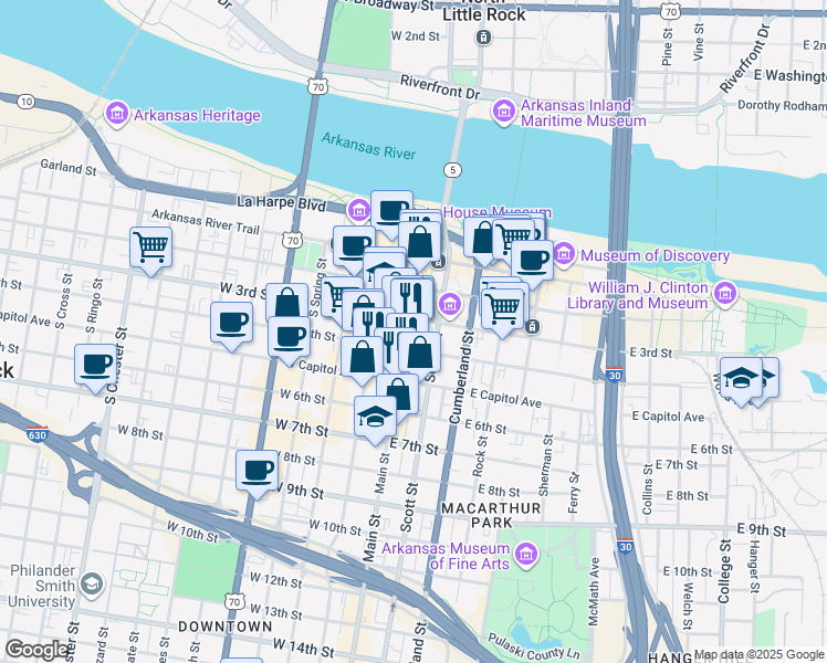 map of restaurants, bars, coffee shops, grocery stores, and more near 300 Main Street in Little Rock