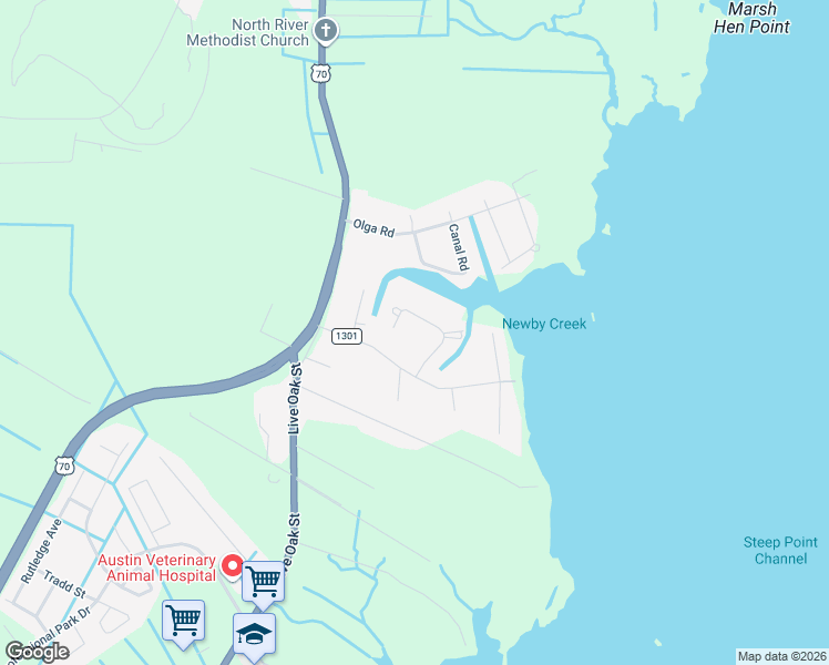 map of restaurants, bars, coffee shops, grocery stores, and more near 175 Wallace Road in Beaufort
