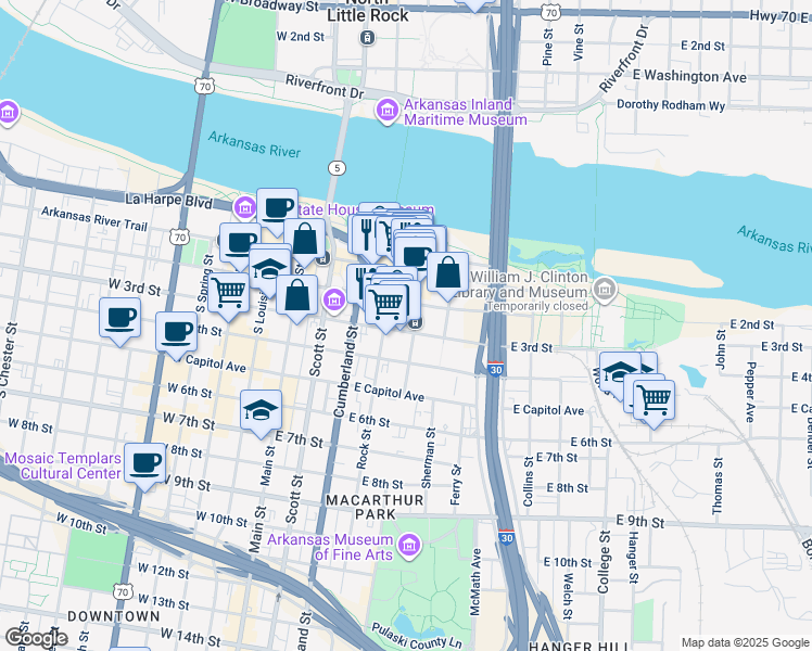 map of restaurants, bars, coffee shops, grocery stores, and more near 315 Rock Street in Little Rock