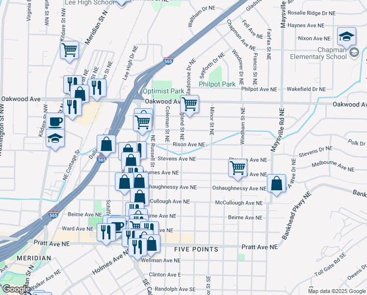 map of restaurants, bars, coffee shops, grocery stores, and more near 1100 Rison Avenue Northeast in Huntsville