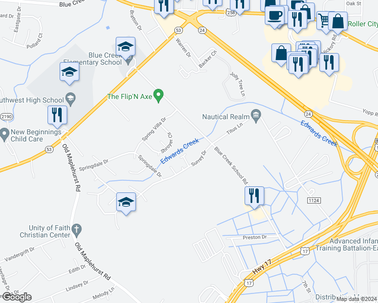 map of restaurants, bars, coffee shops, grocery stores, and more near 406 Singletree Court in Jacksonville