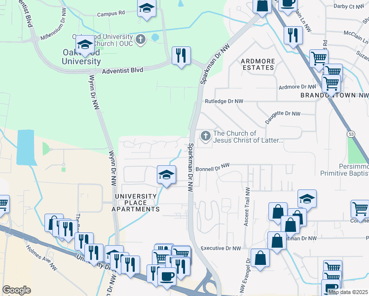 map of restaurants, bars, coffee shops, grocery stores, and more near 1601 Sparkman Drive Northwest in Huntsville