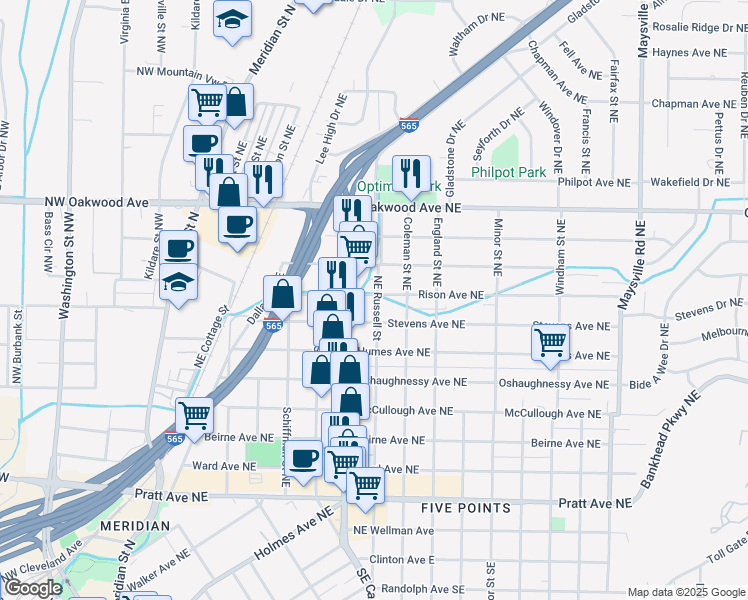 map of restaurants, bars, coffee shops, grocery stores, and more near 722 Rison Avenue Northeast in Huntsville