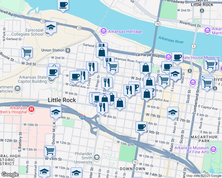 map of restaurants, bars, coffee shops, grocery stores, and more near 900 West Capitol Avenue in Little Rock