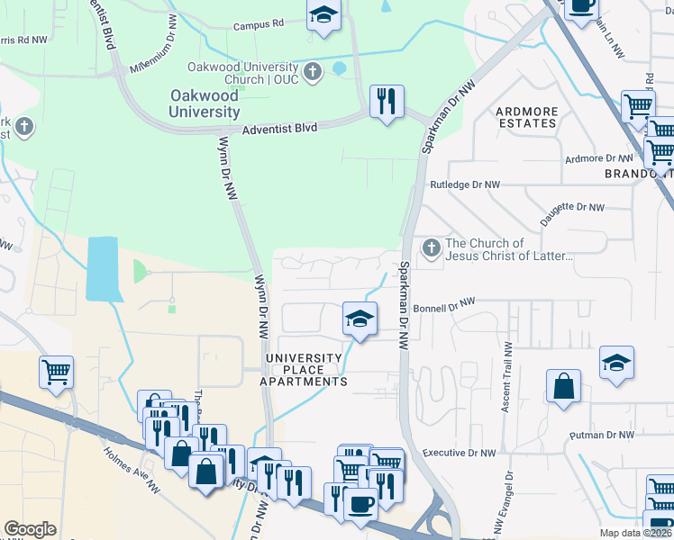 map of restaurants, bars, coffee shops, grocery stores, and more near 5001 7 Pine Circle in Huntsville