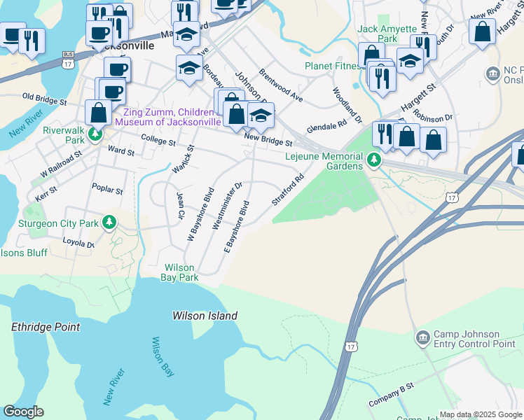 map of restaurants, bars, coffee shops, grocery stores, and more near 109 Stratford Road in Jacksonville