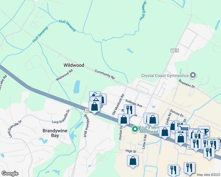 map of restaurants, bars, coffee shops, grocery stores, and more near 160-180 Community Rd in Newport