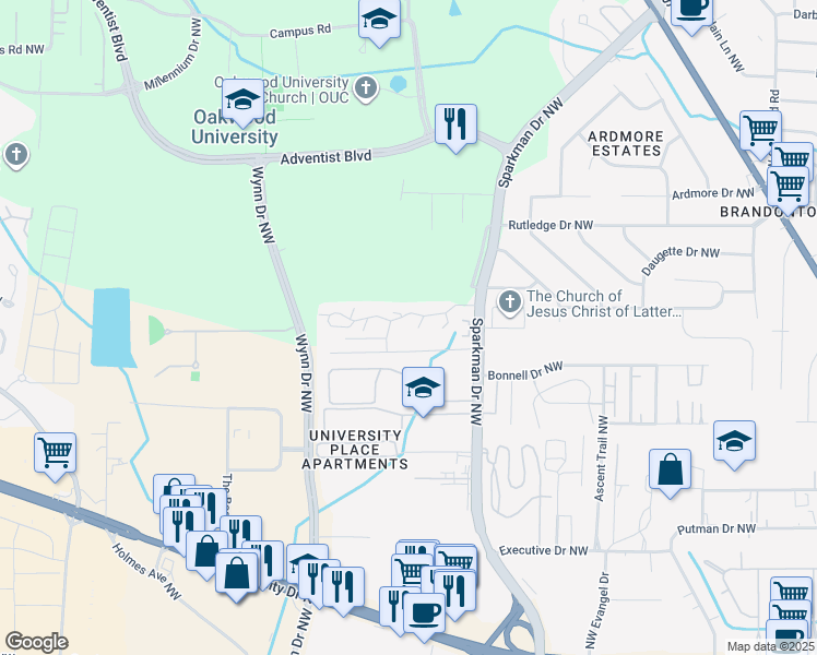 map of restaurants, bars, coffee shops, grocery stores, and more near 5001 7 Pine Circle in Huntsville
