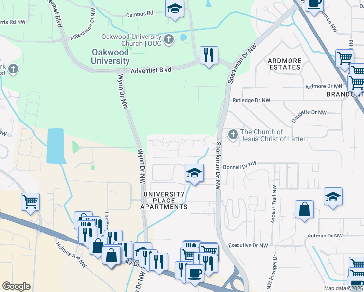 map of restaurants, bars, coffee shops, grocery stores, and more near 5001 7 Pine Circle in Huntsville