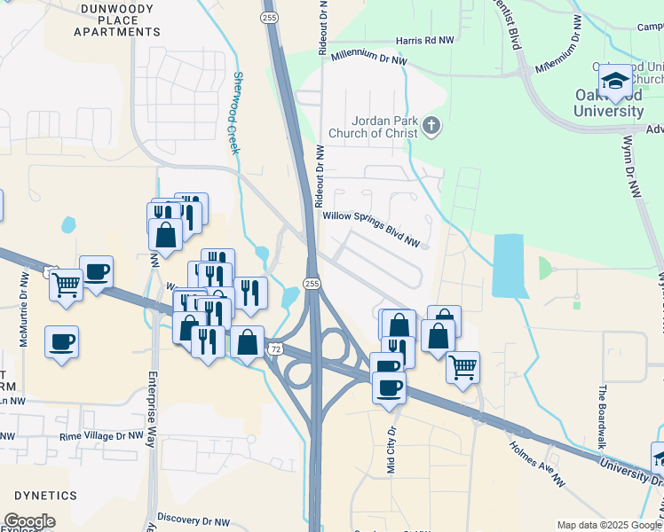 map of restaurants, bars, coffee shops, grocery stores, and more near 1172 Old Monrovia Road Northwest in Huntsville
