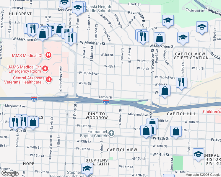 map of restaurants, bars, coffee shops, grocery stores, and more near 3412 West 7th Street in Little Rock