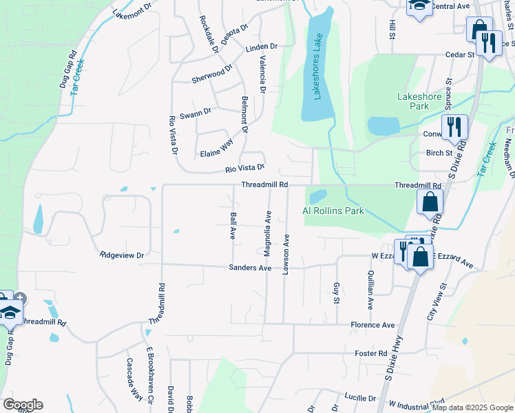 map of restaurants, bars, coffee shops, grocery stores, and more near 1703 Magnolia Avenue in Dalton