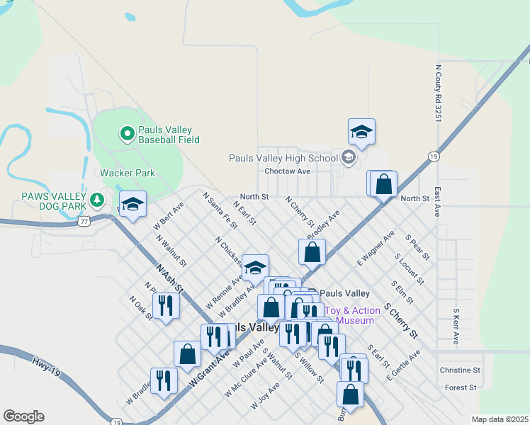 map of restaurants, bars, coffee shops, grocery stores, and more near 499 North Pecan Street in Pauls Valley